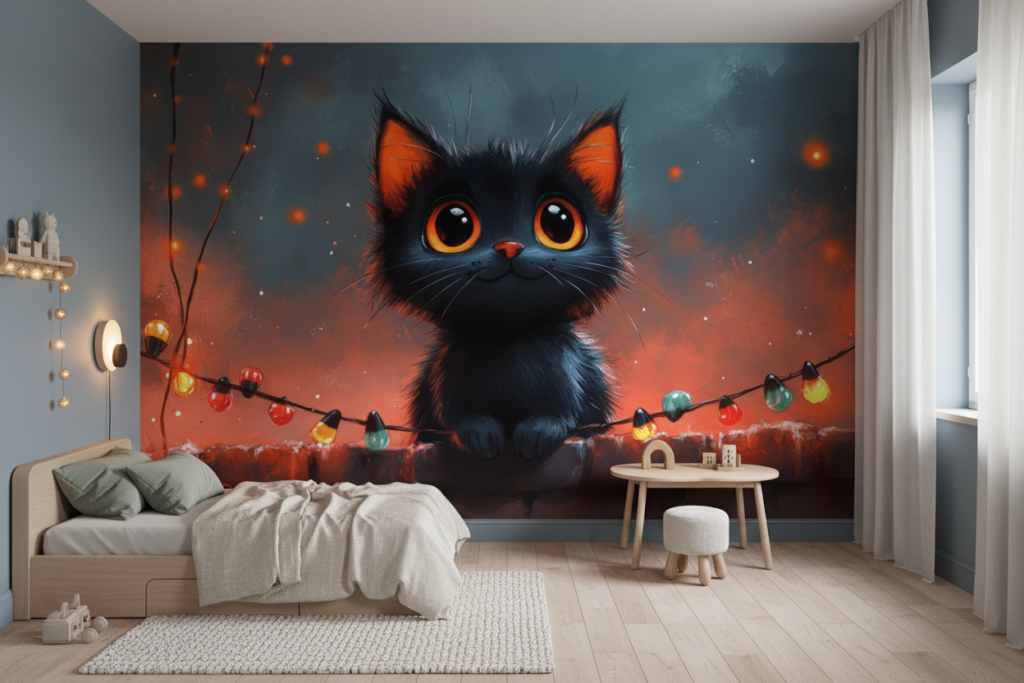 Papier peint chaton noir aux yeux orange guirlandes lumineuses - Chambre enfant