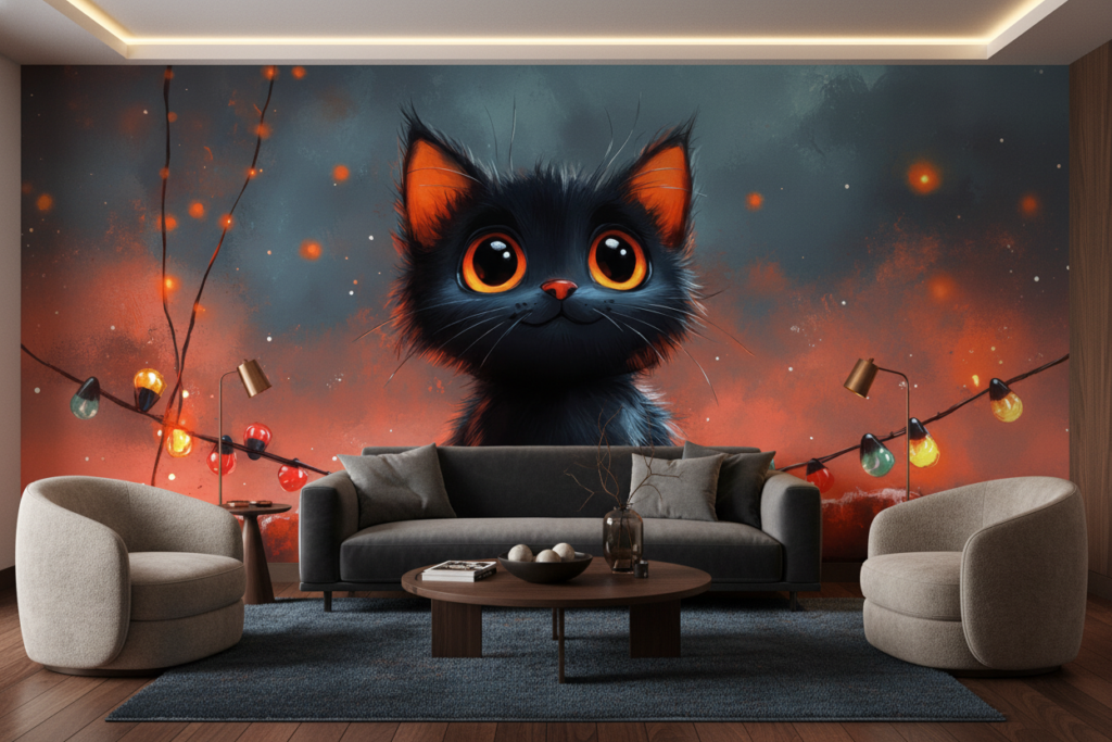 Papier peint chaton noir aux yeux orange guirlandes lumineuses - Salon / Séjour