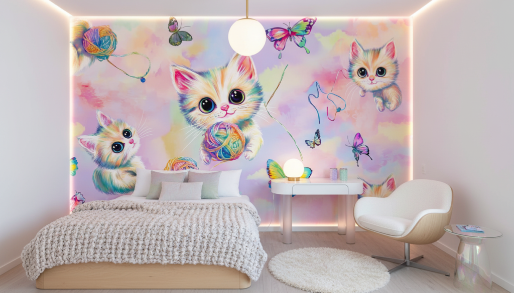Papier peint chatons colorés arc-en-ciel avec papillons et pelotes - Chambre ado