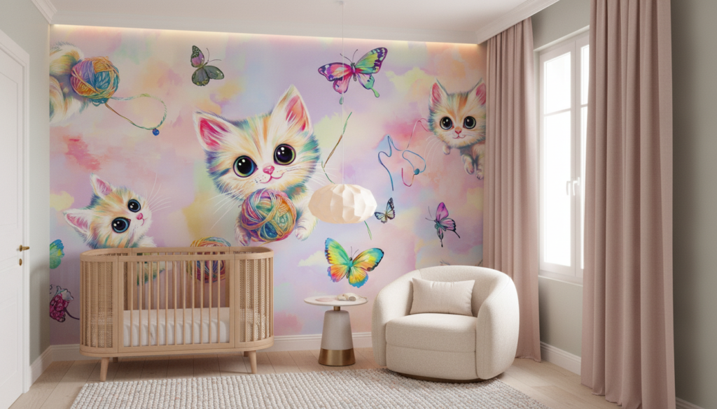 Papier peint chatons colorés arc-en-ciel avec papillons et pelotes - Chambre bébé