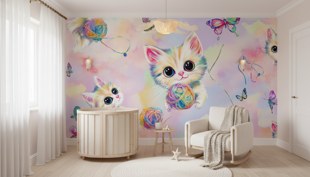 Papier peint chatons colorés arc-en-ciel avec papillons et pelotes - Chambre bébé