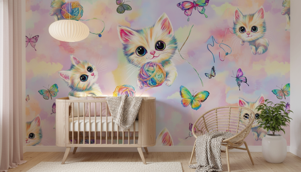 Papier peint chatons colorés arc-en-ciel avec papillons et pelotes - Chambre bébé