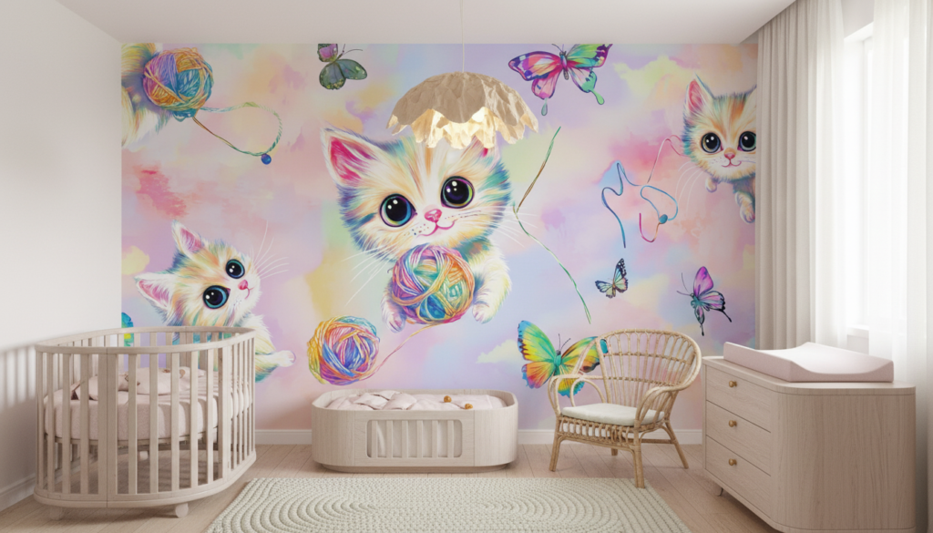 Papier peint chatons colorés arc-en-ciel avec papillons et pelotes - Chambre bébé