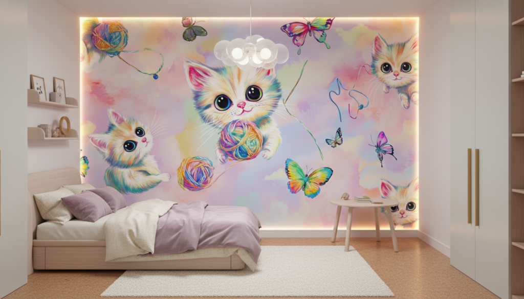 Papier peint chatons colorés arc-en-ciel avec papillons et pelotes - Chambre enfant