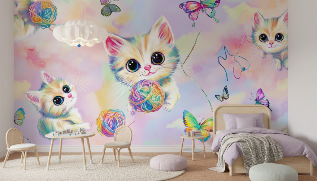 Papier peint chatons colorés arc-en-ciel avec papillons et pelotes - Chambre enfant