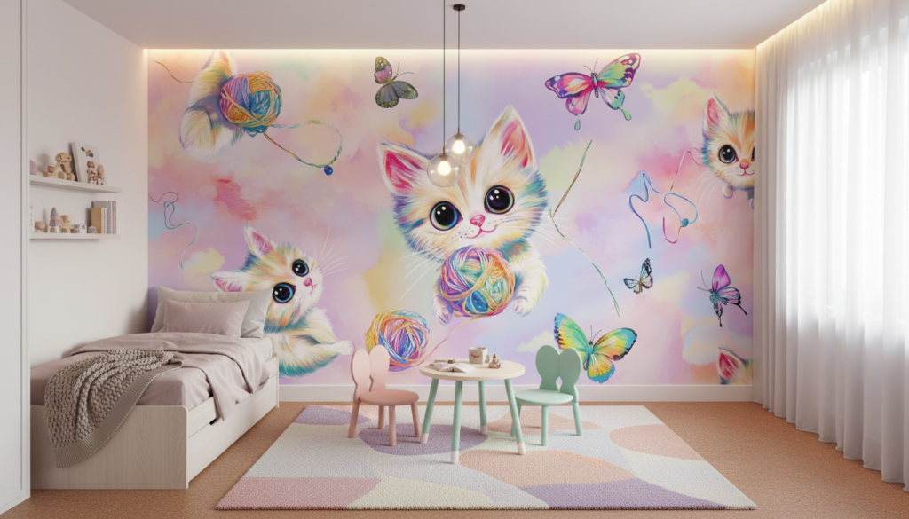Papier peint chatons colorés arc-en-ciel avec papillons et pelotes - Chambre enfant