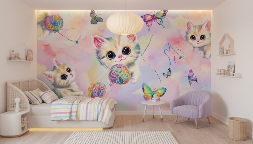 Papier peint chatons colorés arc-en-ciel avec papillons et pelotes - Chambre enfant