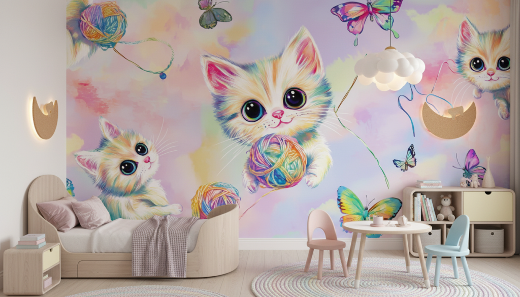 Papier peint chatons colorés arc-en-ciel avec papillons et pelotes - Chambre enfant