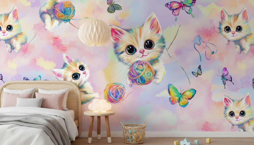 Papier peint chatons colorés arc-en-ciel avec papillons et pelotes - Chambre enfant