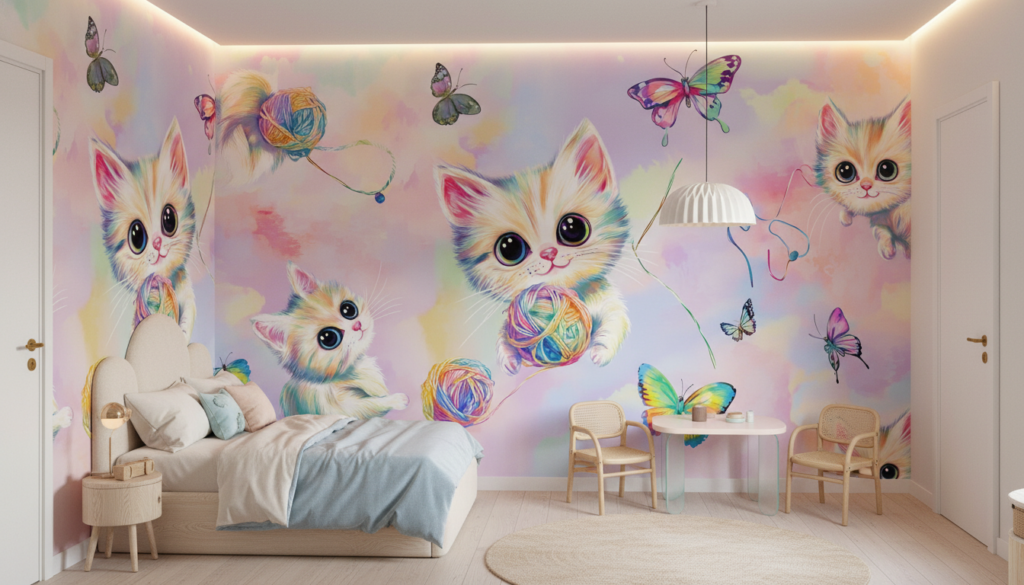 Papier peint chatons colorés arc-en-ciel avec papillons et pelotes - Chambre enfant