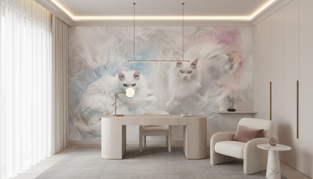 Papier peint chats blancs ethereal dans nuages pastel doux - Bureau