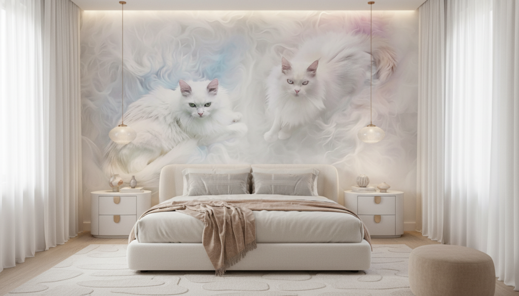 Papier peint chats blancs ethereal dans nuages pastel doux - Chambre adulte