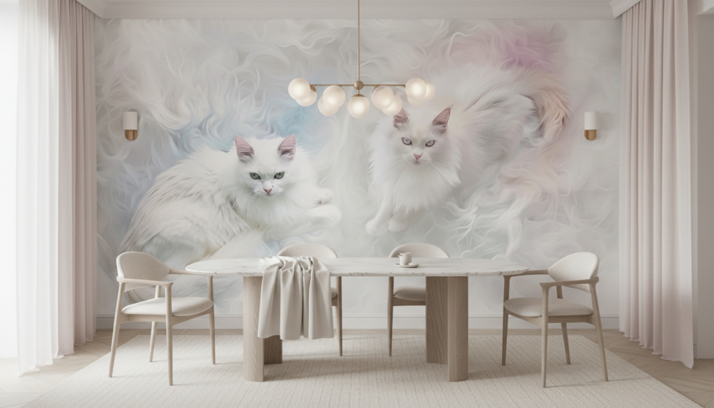 Papier peint chats blancs ethereal dans nuages pastel doux - Salle à manger