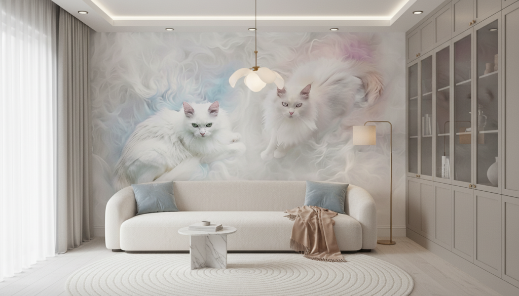 Papier peint chats blancs ethereal dans nuages pastel doux - Salon / Séjour