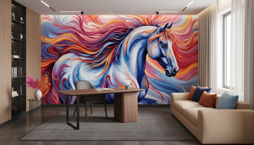 Papier Peint Cheval Artistique aux Flammes Colorées Dynamiques - Bureau