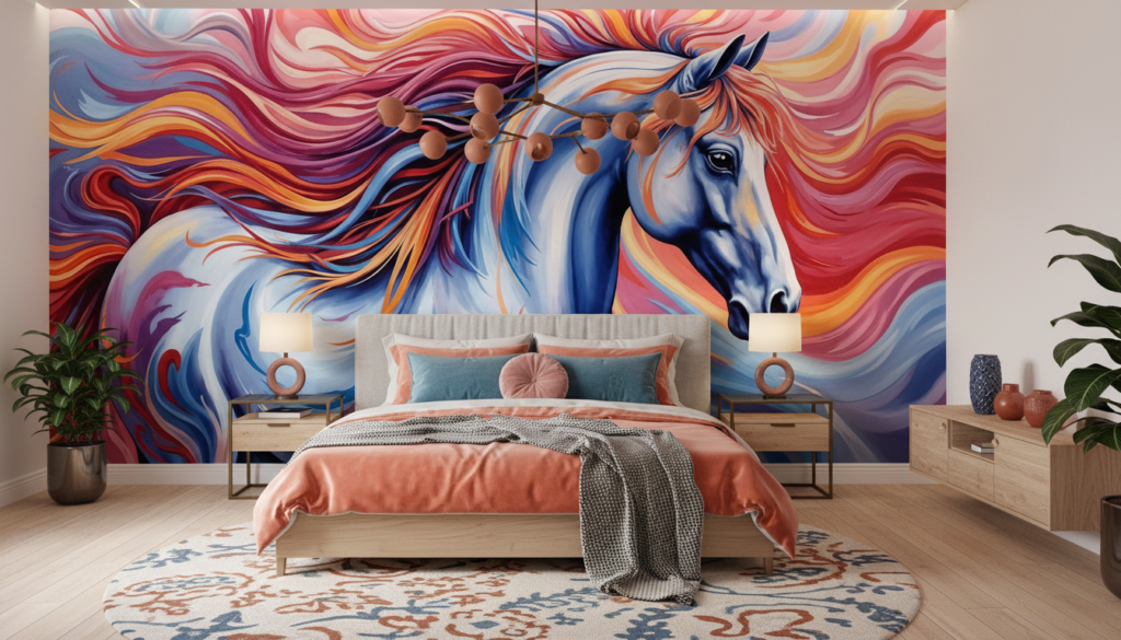 Papier Peint Cheval Artistique aux Flammes Colorées Dynamiques - Chambre adulte