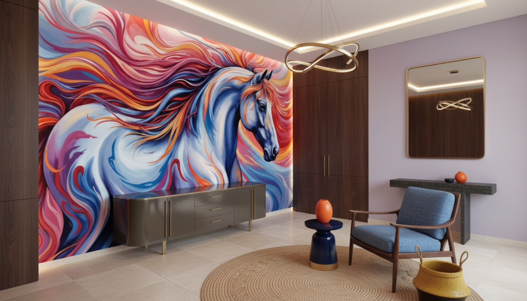 Papier Peint Cheval Artistique aux Flammes Colorées Dynamiques - Entrée