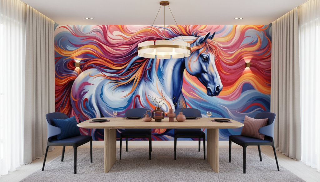 Papier Peint Cheval Artistique aux Flammes Colorées Dynamiques - Salle à manger