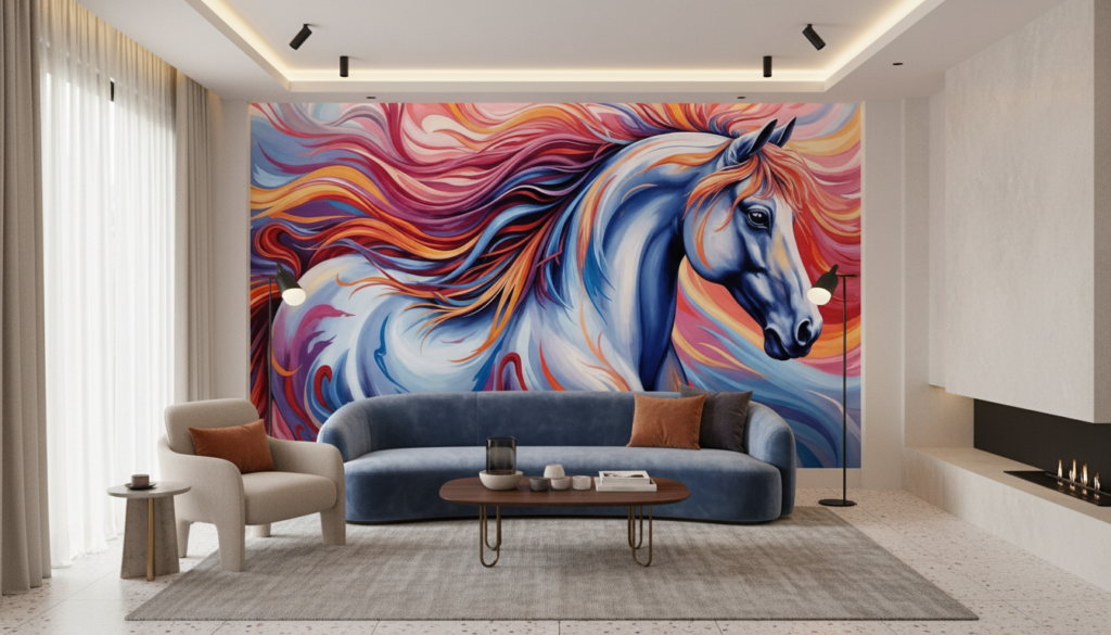 Papier Peint Cheval Artistique aux Flammes Colorées Dynamiques - Salon / Séjour
