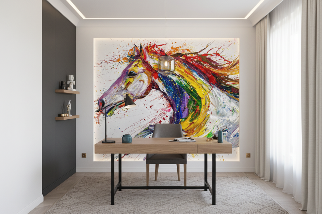 Papier peint cheval artistique explosion de couleurs vibrantes - Bureau