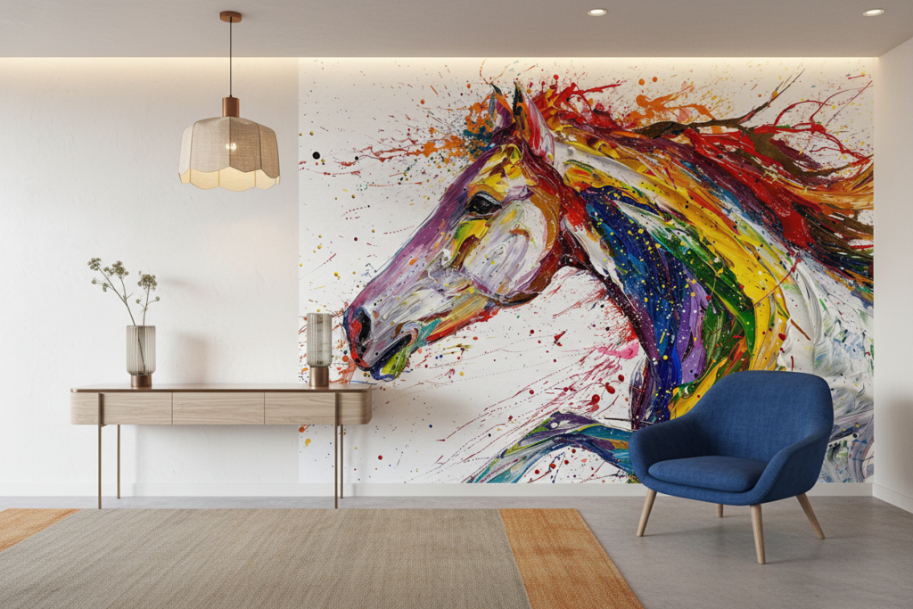 Papier peint cheval artistique explosion de couleurs vibrantes - Entrée