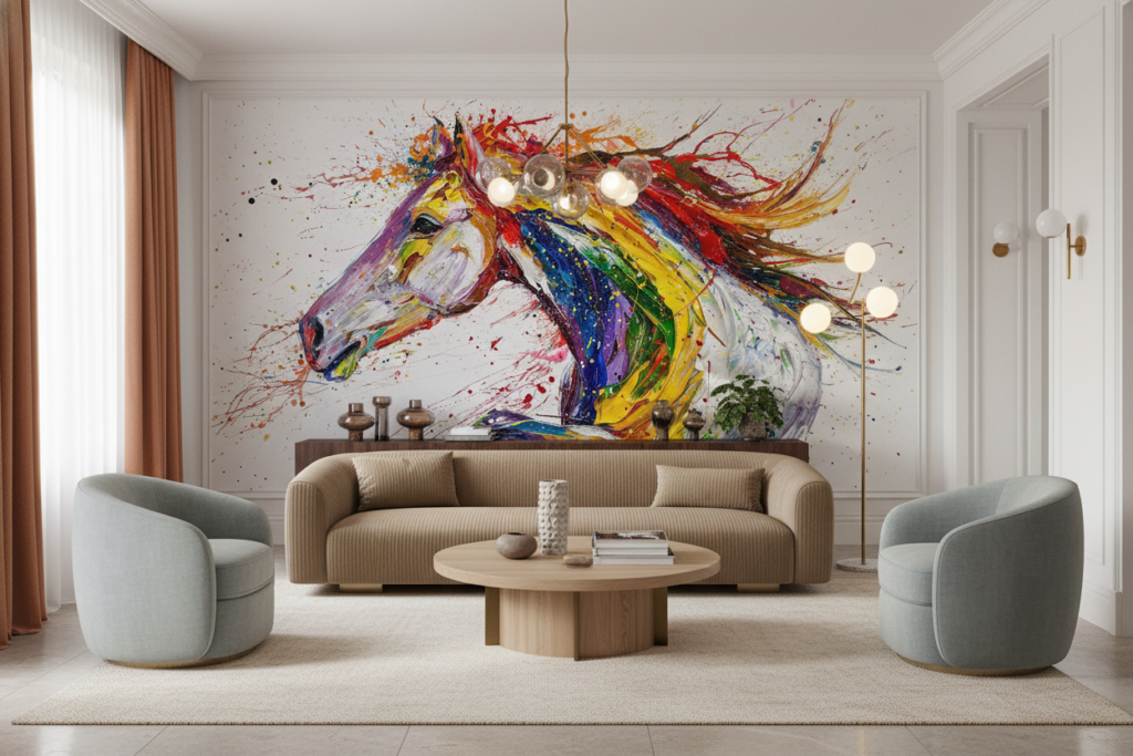 Papier peint cheval artistique explosion de couleurs vibrantes - Salon / Séjour