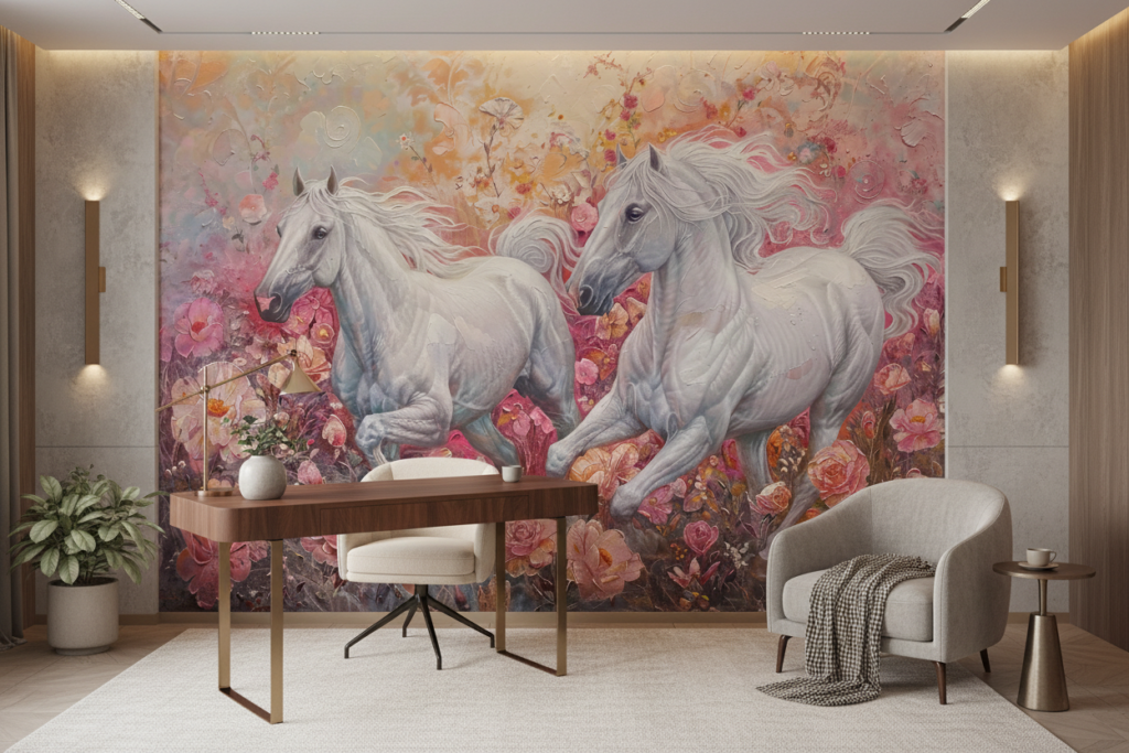 Papier Peint Chevaux Blancs Galopant dans Jardin Fleuri Rose - Bureau