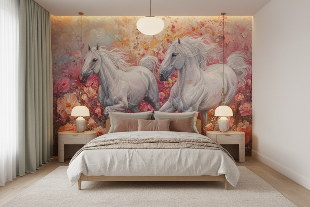Papier Peint Chevaux Blancs Galopant dans Jardin Fleuri Rose - Chambre adulte