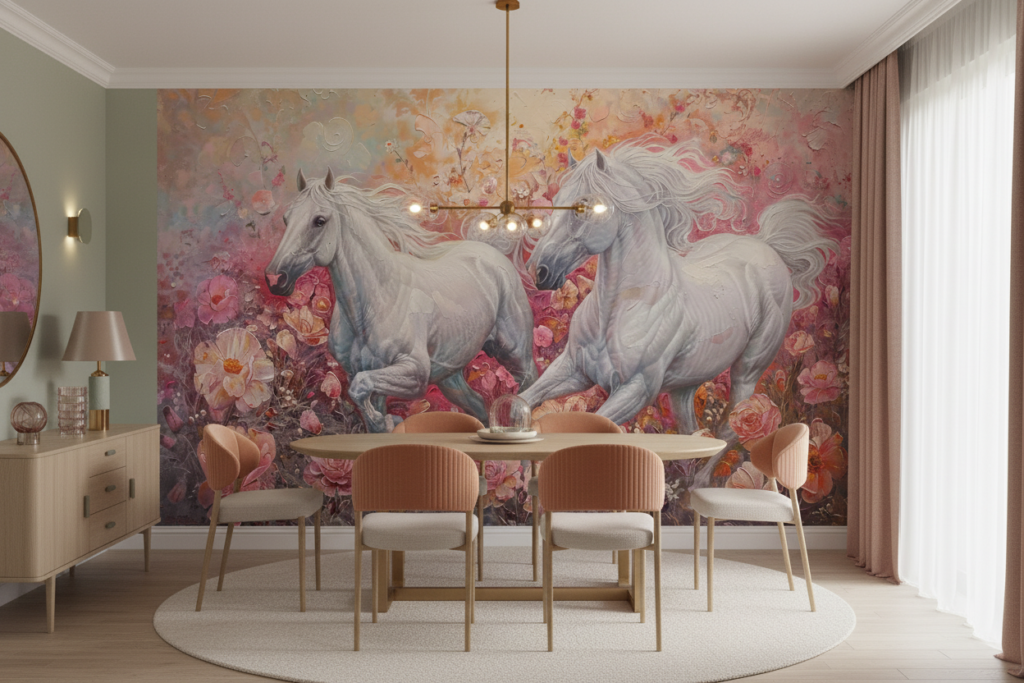 Papier Peint Chevaux Blancs Galopant dans Jardin Fleuri Rose - Salle à manger