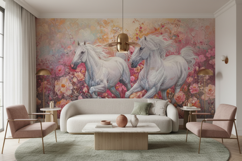 Papier Peint Chevaux Blancs Galopant dans Jardin Fleuri Rose - Salon / Séjour