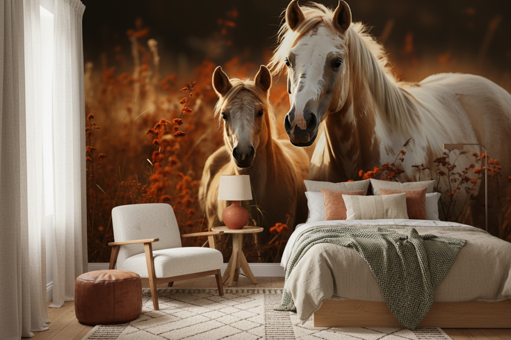 Papier peint chevaux dorés mère et poulain lumière chaude automne - Chambre ado