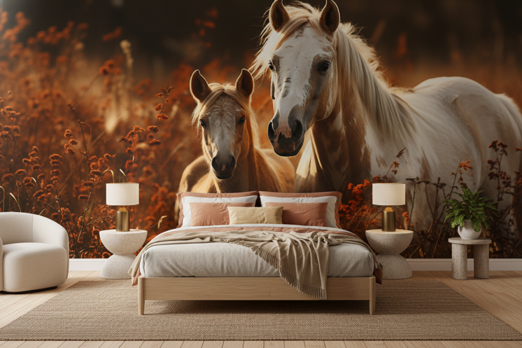 Papier peint chevaux dorés mère et poulain lumière chaude automne - Chambre adulte