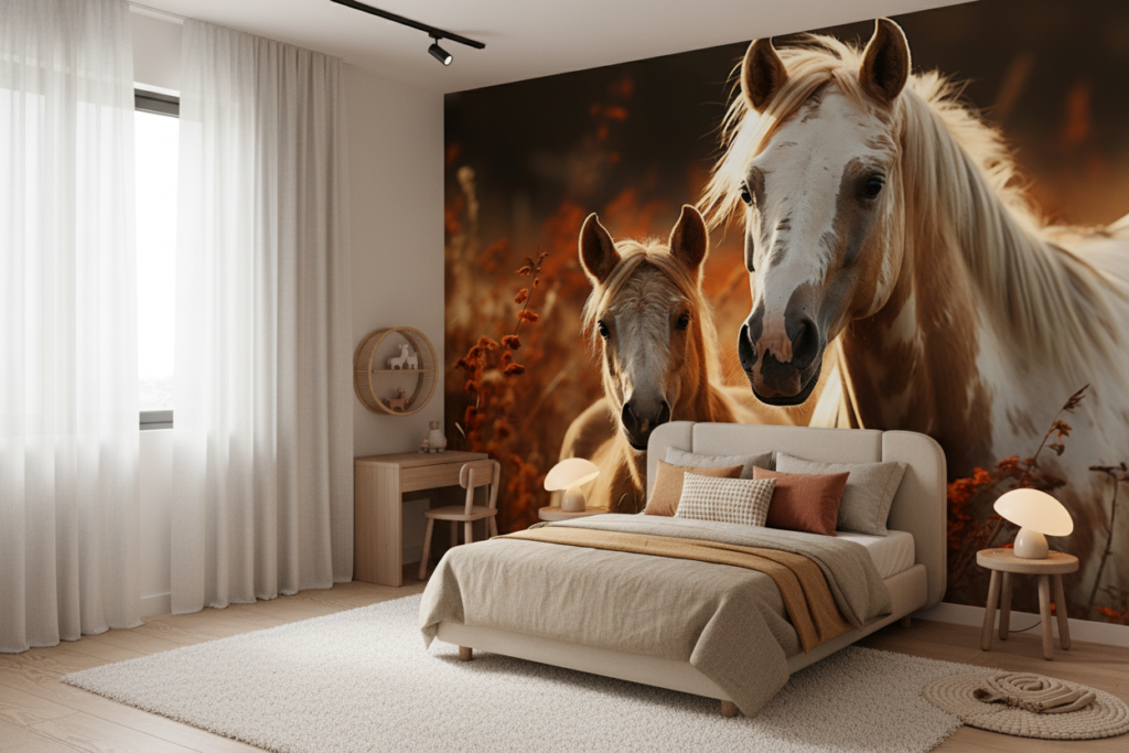 Papier peint chevaux dorés mère et poulain lumière chaude automne - Chambre enfant