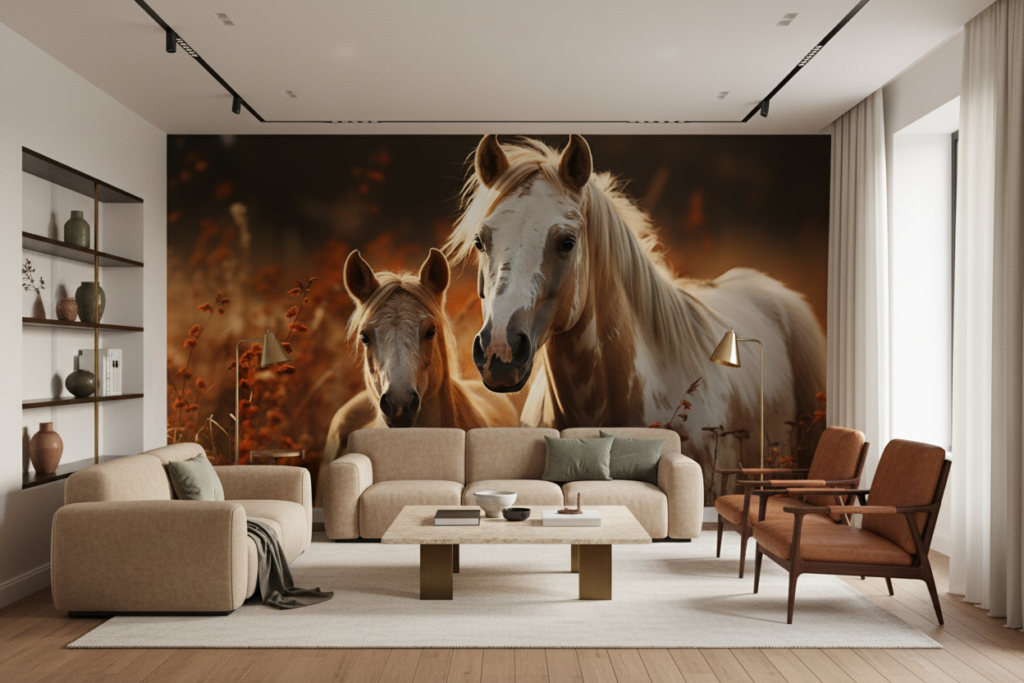 Papier peint chevaux dorés mère et poulain lumière chaude automne - Salon / Séjour
