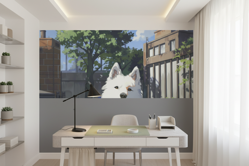 Papier Peint Chien Blanc Style Anime Urbain Moderne - Bureau