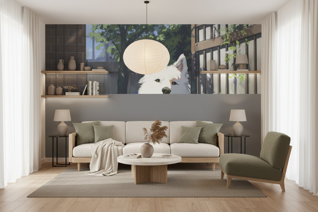 Papier Peint Chien Blanc Style Anime Urbain Moderne - Salon / Séjour
