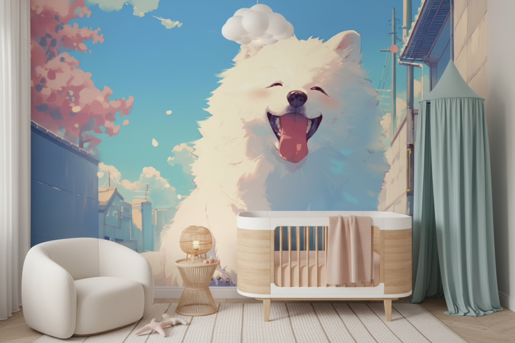 Papier peint chien géant kawaii dans ville japonaise colorée - Chambre bébé