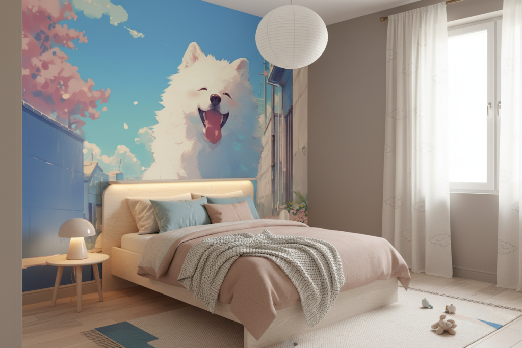 Papier peint chien géant kawaii dans ville japonaise colorée - Chambre enfant