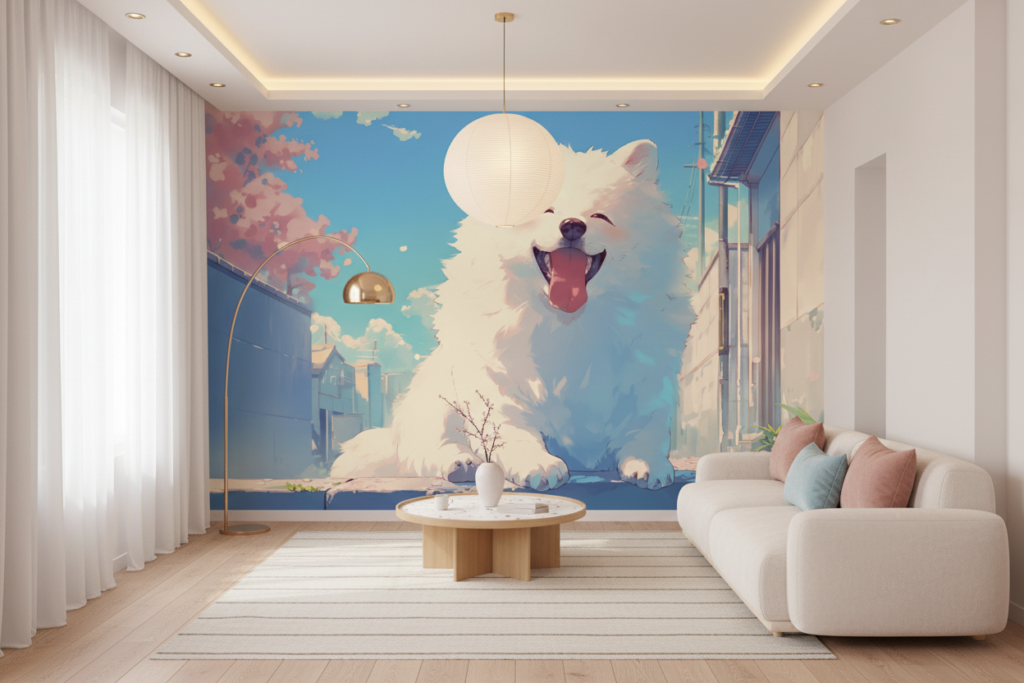 Papier peint chien géant kawaii dans ville japonaise colorée - Salon / Séjour