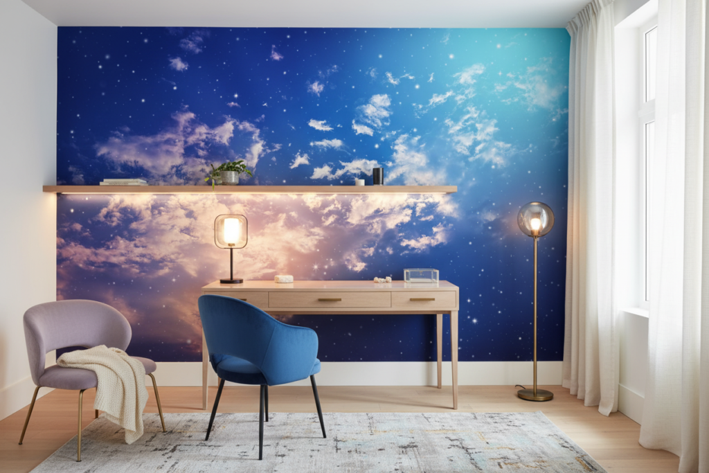 Papier Peint Ciel Étoilé aux Nuages Dorés et Violets - Bureau