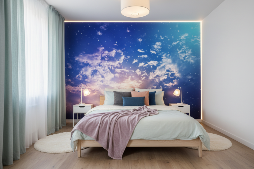 Papier Peint Ciel Étoilé aux Nuages Dorés et Violets - Chambre ado