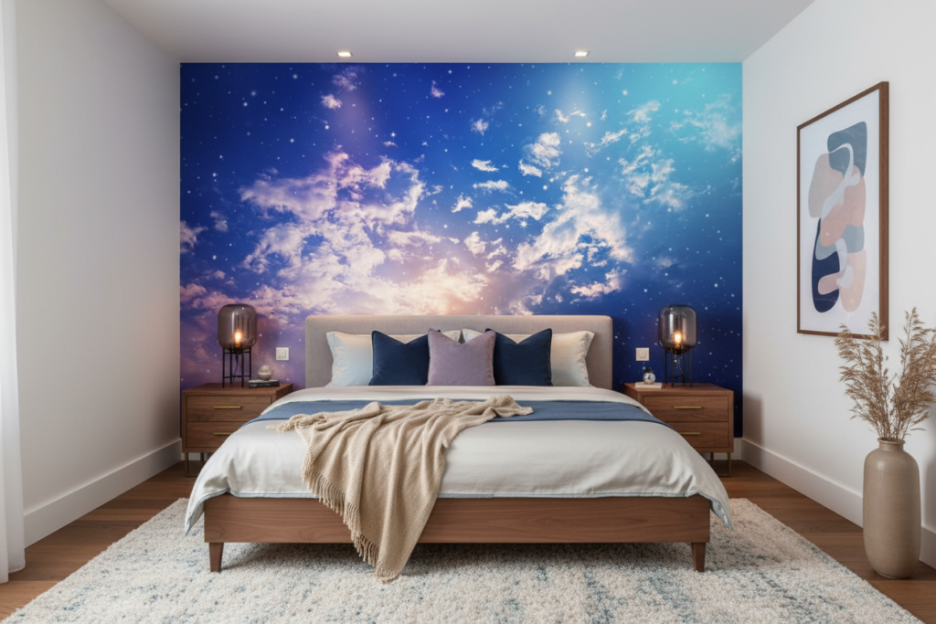 Papier Peint Ciel Étoilé aux Nuages Dorés et Violets - Chambre adulte