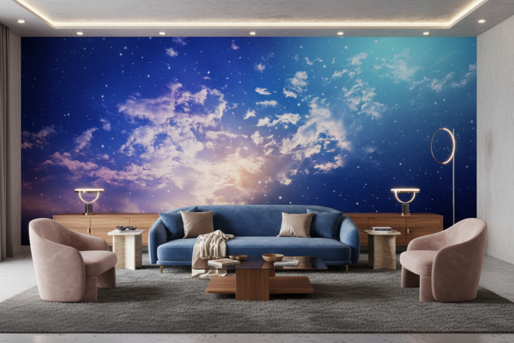 Papier Peint Ciel Étoilé aux Nuages Dorés et Violets - Salon / Séjour