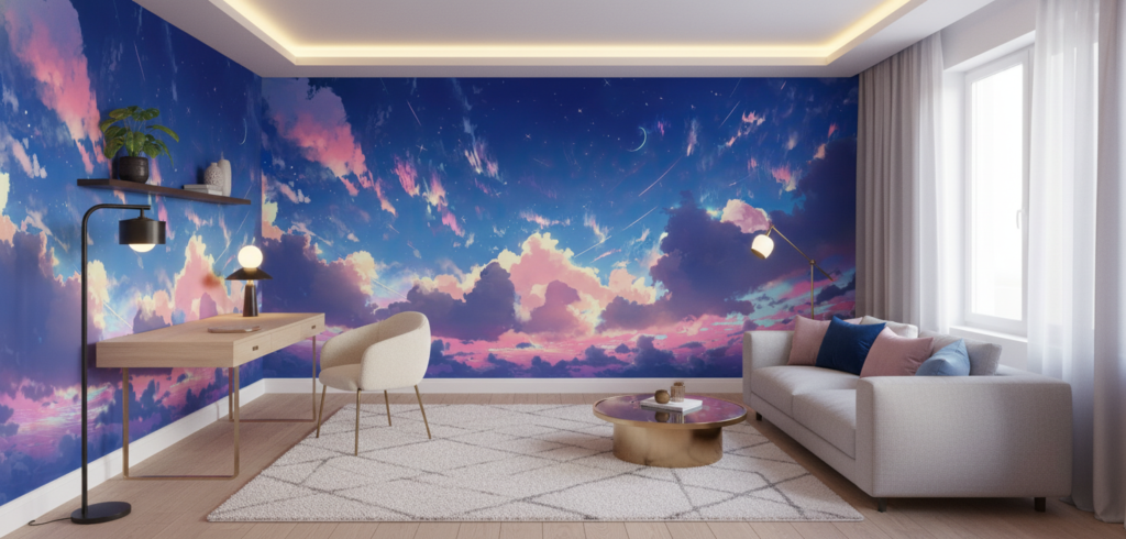 Papier Peint Ciel Étoilé aux Nuages Roses et Bleus Fantastiques - Bureau