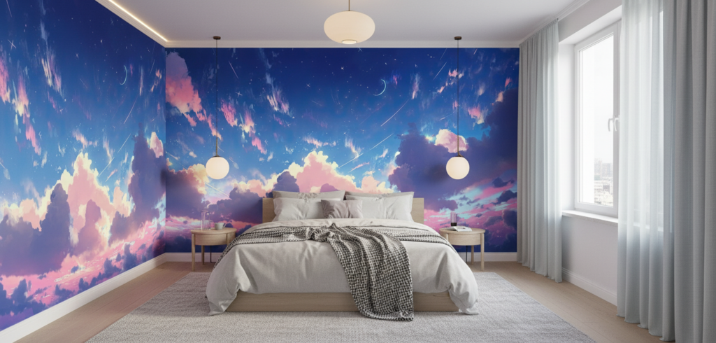 Papier Peint Ciel Étoilé aux Nuages Roses et Bleus Fantastiques - Chambre ado