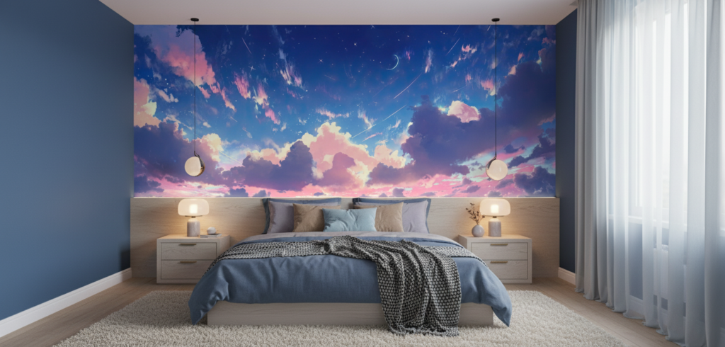 Papier Peint Ciel Étoilé aux Nuages Roses et Bleus Fantastiques - Chambre adulte
