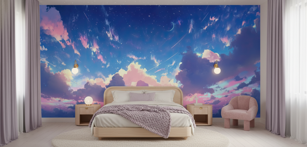 Papier Peint Ciel Étoilé aux Nuages Roses et Bleus Fantastiques - Chambre enfant