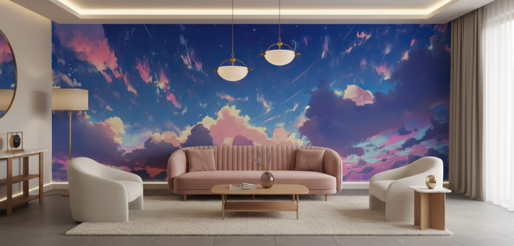 Papier Peint Ciel Étoilé aux Nuages Roses et Bleus Fantastiques - Salon / Séjour