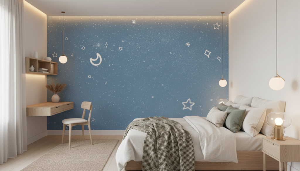 Papier peint ciel étoilé bleu avec lune et étoiles scintillantes - Chambre ado
