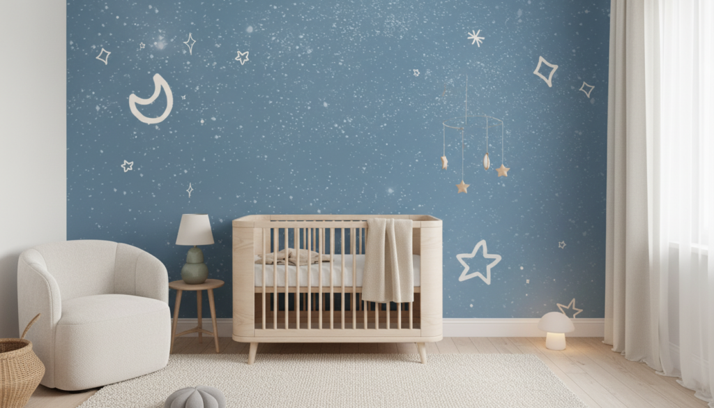 Papier peint ciel étoilé bleu avec lune et étoiles scintillantes - Chambre bébé